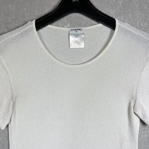 Vintage CHANEL CC Logo T-shirt SZ 44 White Top Short Sleeve Rib Knit Long Italy